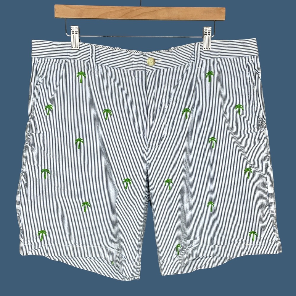 Southern Tide Seersucker Palm Tree Embroidered Shorts Mens 40 Resortwear Preppy